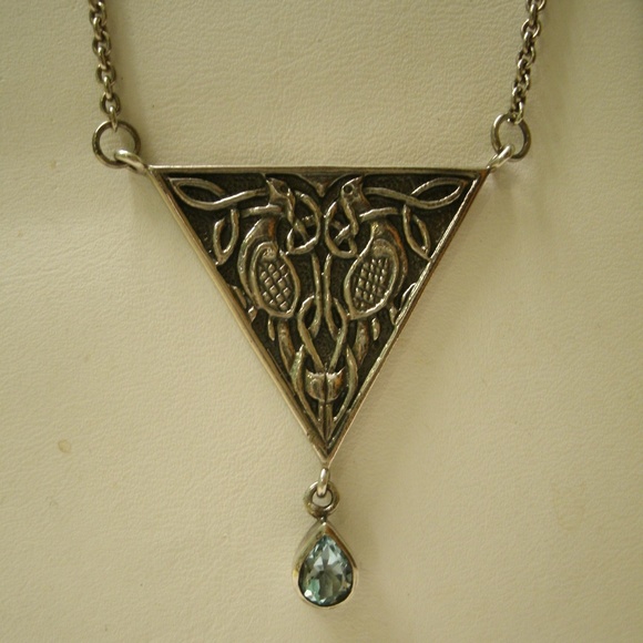 Peter Stone Jewelry - Sterling Silver Celtic Birds & Blue Topaz Necklace